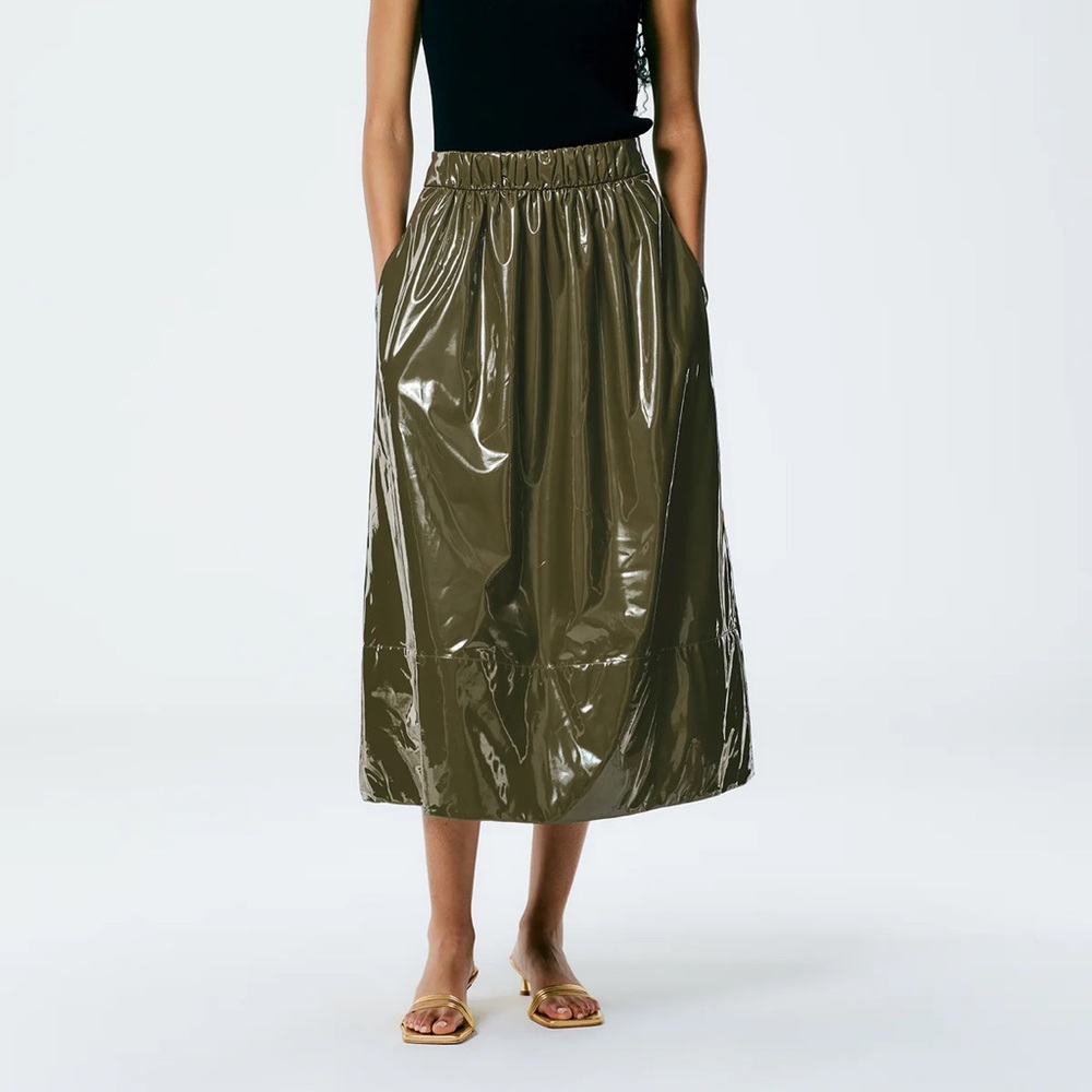 Tibi Light Weight Stretch Patent Smocking Waistband Full Skirt